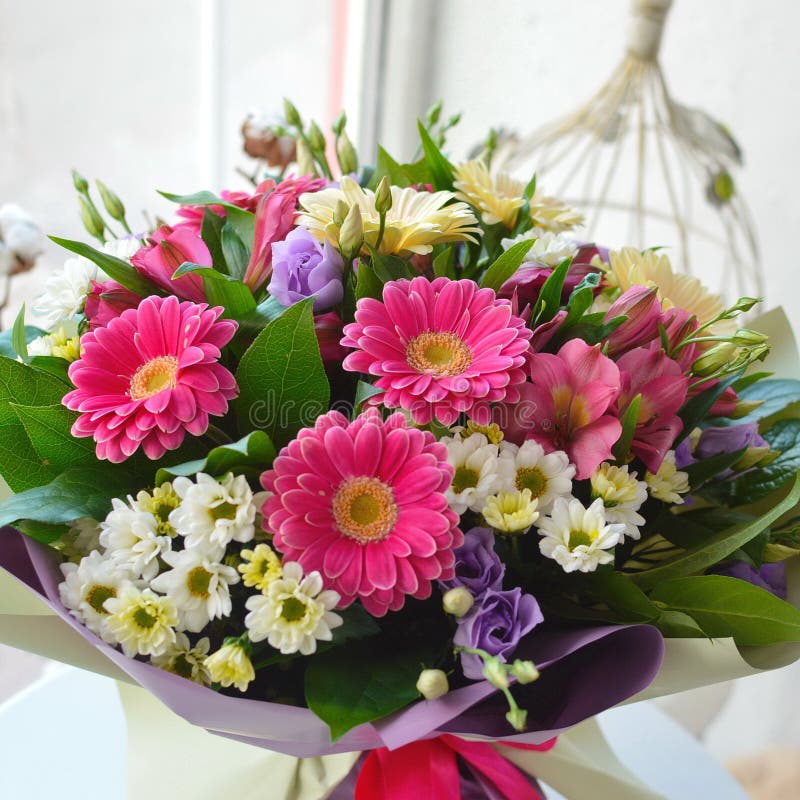 Pink buquet of gentle flowers iwith gerberas