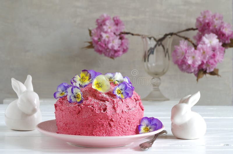 Pink Buttercream Cake with Flowers To Easter Stock Image Image of