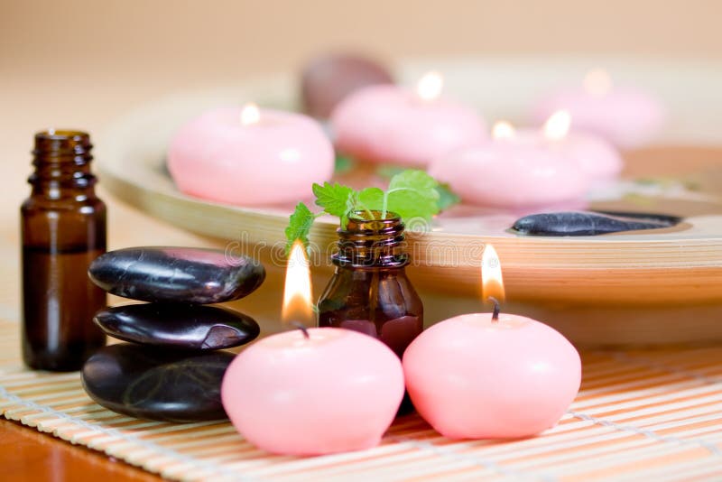 Pink Candles, Stones, and Essential Oil. Stock Image Image of pink