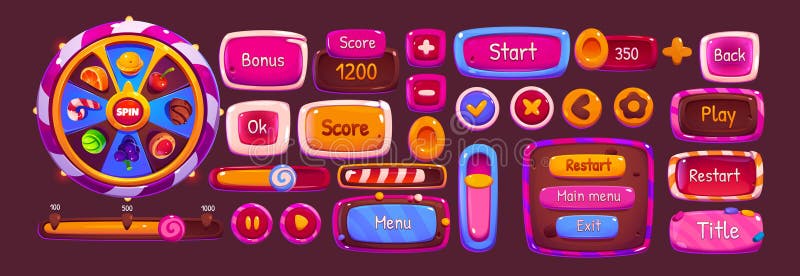 Pink candy ui game fortune wheel and button set. Cute casino interface icon design with arrow, level score, roulette and prize isolated on background. Slider bar and circle app glossy menu element