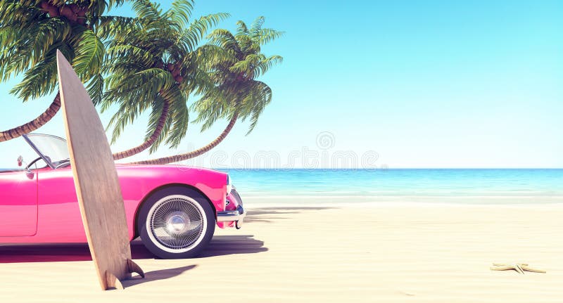 Pink Car On The Beach In Front Of Palm Trees Summer Background Stock