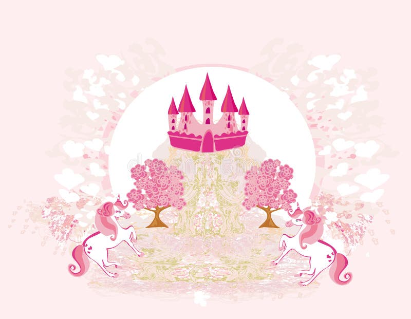 Pink castle and unicorns stock illustration