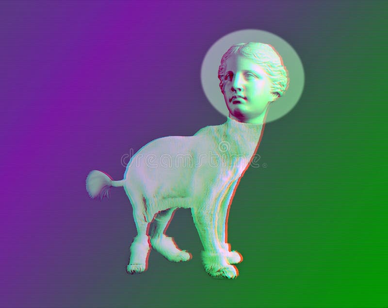 Pink cat with antique head sculpture. Retro wave synth vaporwavet. Concept of memphis style posters.