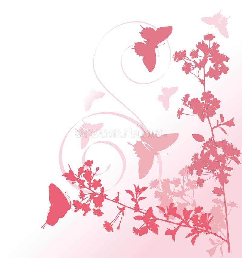 Pink cherry tree flowers and butterflies