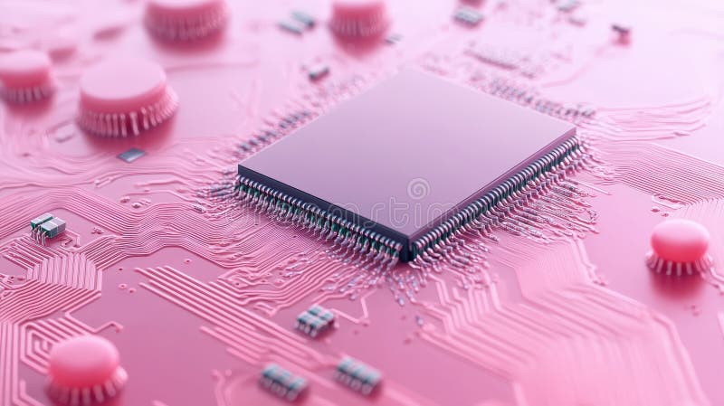 Pink circuit board shows a central processor unit surrounded by smaller components. Close up view displays the technology royalty free stock photography
