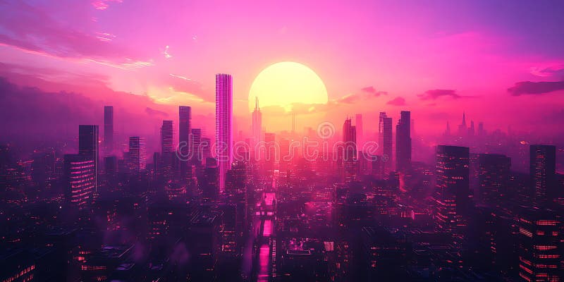 Pink City Sunset Skyline vector illustration