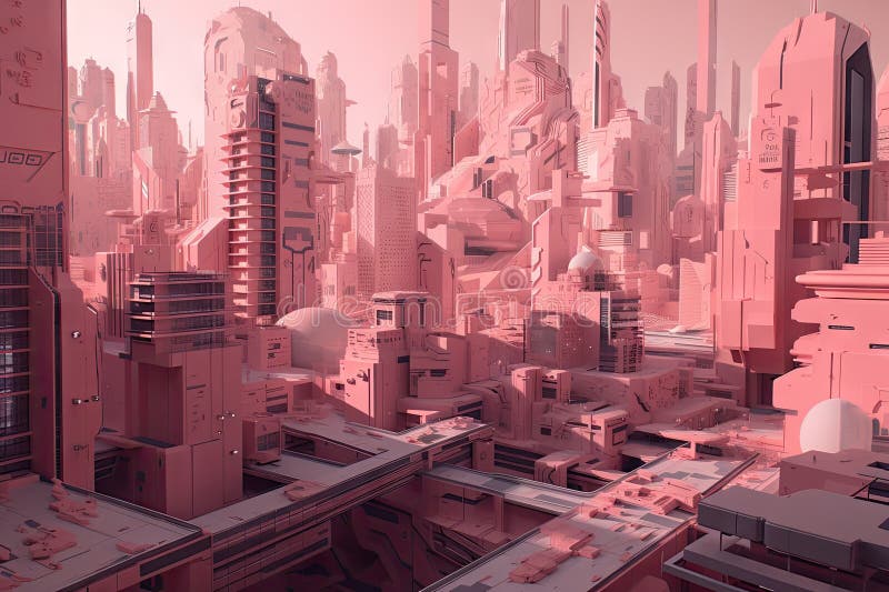 Pink Cityscape, with Towering Buildings and Futuristic Transportation ...