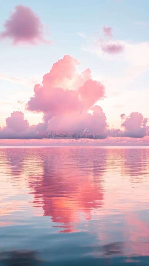 Pink clouds reflecting on calm ocean at sunset, serene nature scenery stock images