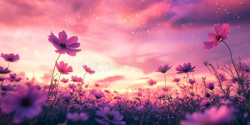 Pink Cosmos Flowers Sunset Field Beautiful Nature Background Image vector illustration