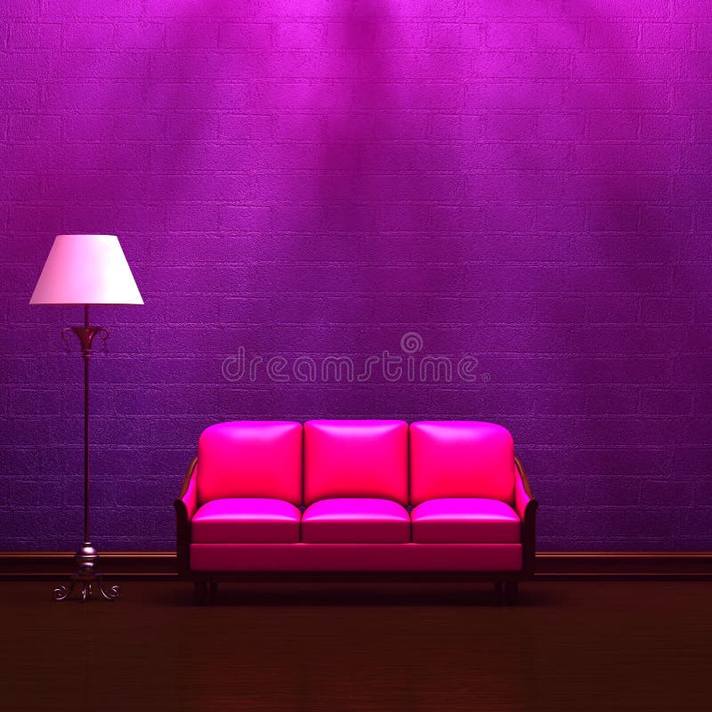 Pink couch and standard lamp in purple interior