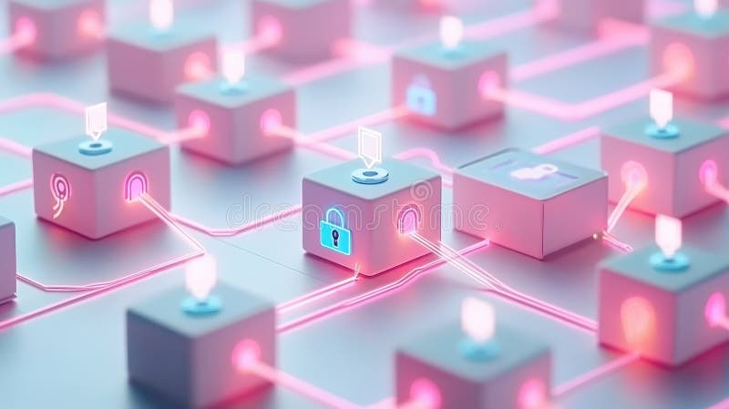 Pink cube secured by lock, visual representation of data protection, access control, and security vector illustration