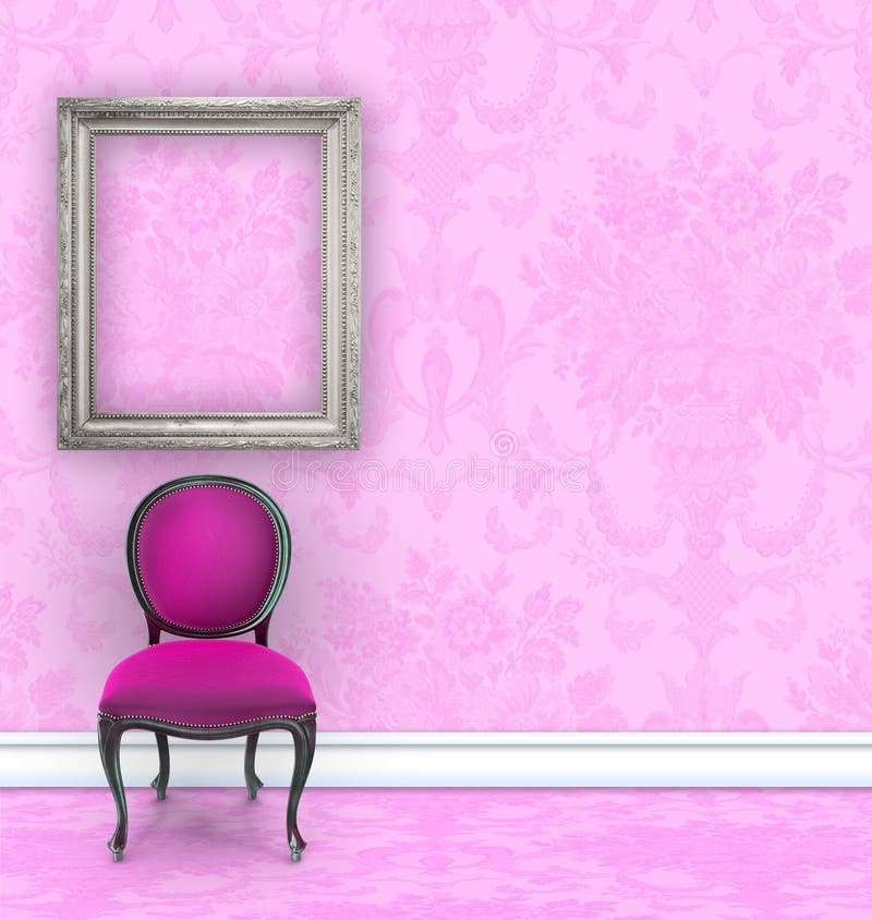 Pink Damask Room With Velvet Side Chair and Room for Text