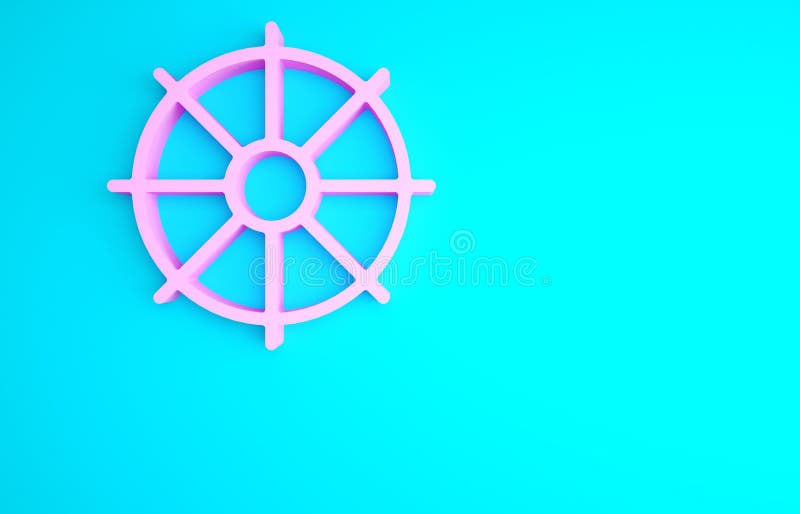 Pink Dharma wheel icon isolated on blue background. Buddhism religion sign. Dharmachakra symbol. Minimalism concept. 3d illustration 3D render.