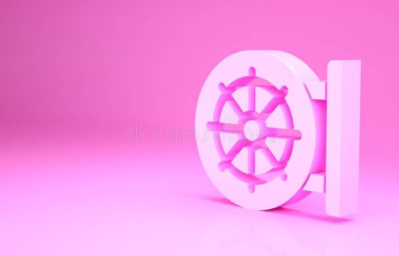 Pink Dharma wheel icon isolated on pink background. Buddhism religion sign. Dharmachakra symbol. Minimalism concept. 3d illustration 3D render.