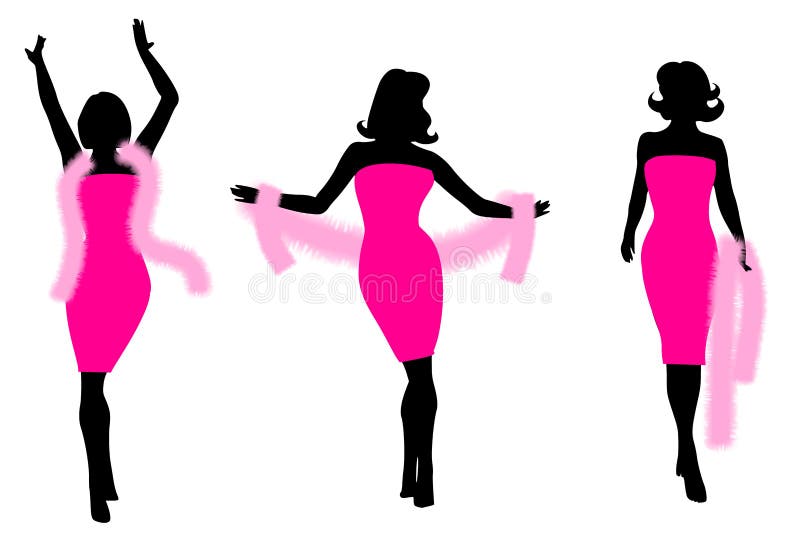 Un'illustrazione con la vostra scelta di 3 moda sagome in varie pose indosso hot pink abiti e soffici boas.