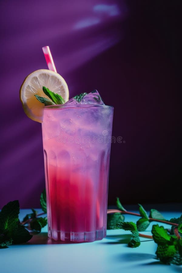 A Pink Drink with a Slice of Lemon and Mint. Generative AI Image. Stock