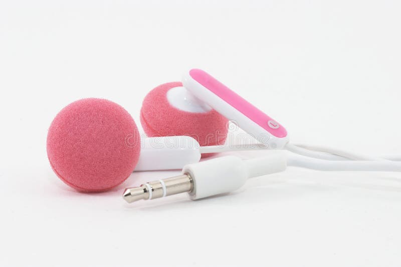 Pink Earbuds Closeup, macro, on white with wires and stereo plug