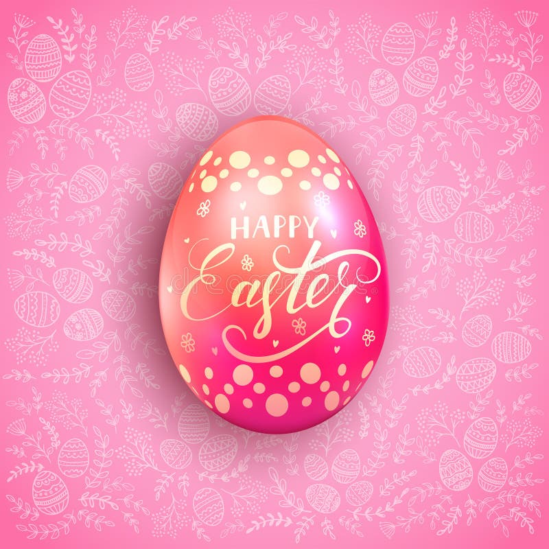 Pink Easter Eggs Decorated With Flowers, Leafs And Rabbits. Easter