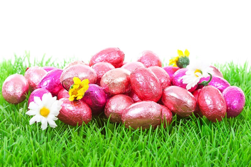 Pink easter eggs on grass stock image. Image of plastic 18963419