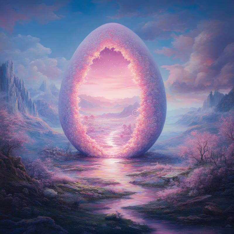 Pink Egg Shape Portal Fantasy Dreamland Scene Artwork sky soft river vector illustration