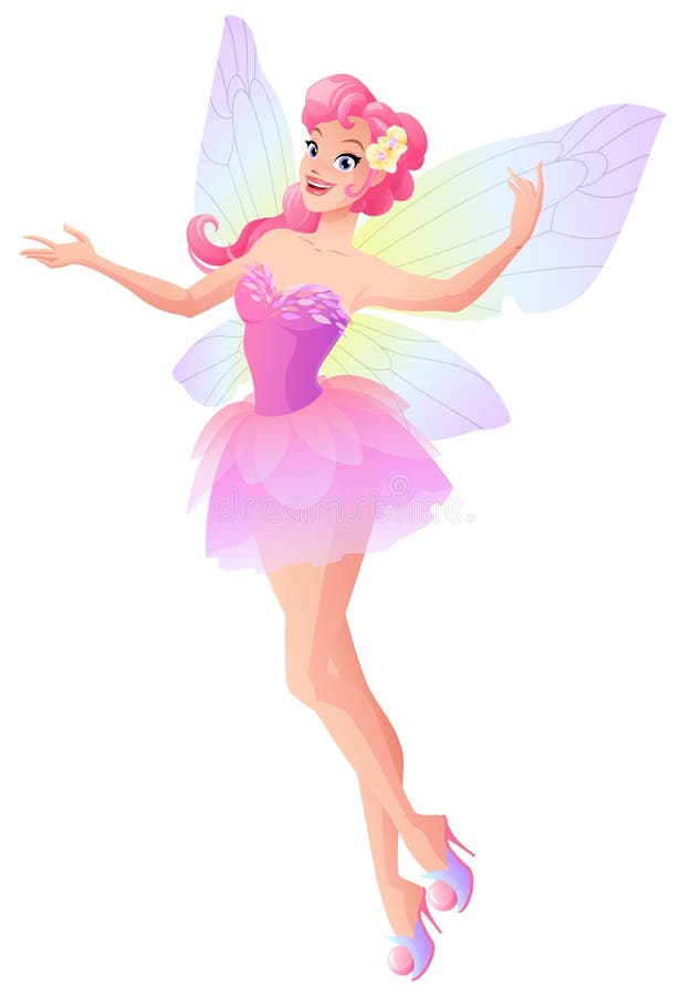 Beautiful flying and presenting fairy in pink dress with butterfly wings. Cartoon style vector illustration isolated on white background. Beautiful flying and presenting fairy in pink dress with butterfly wings. Cartoon style vector illustration isolated on white background.