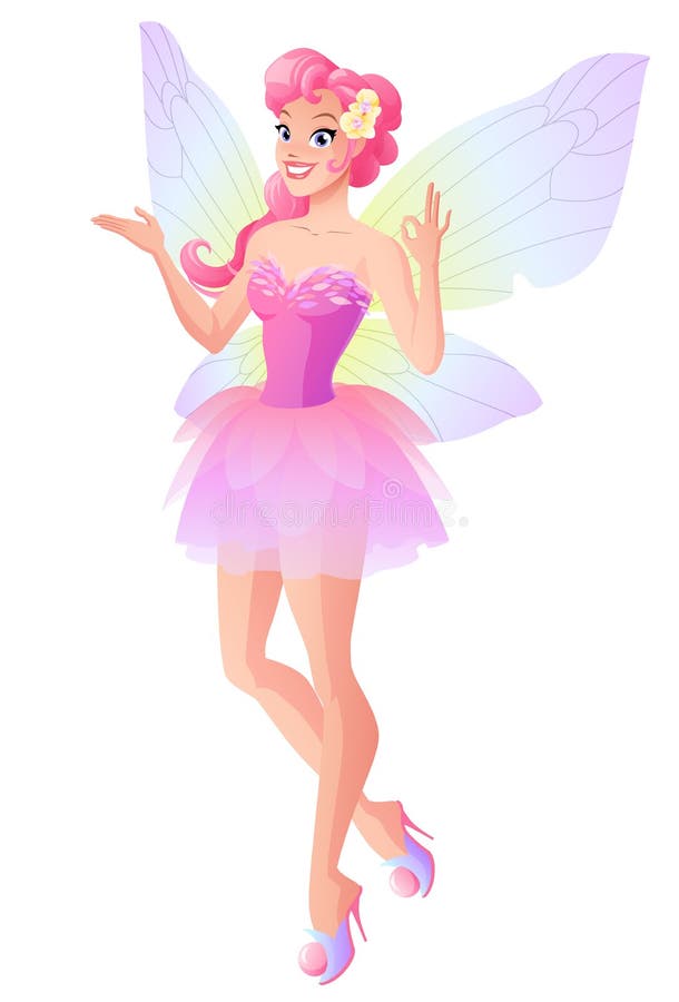 Beautiful fairy in pink dress with butterfly wings showing ok sign gesture. Cartoon style vector illustration isolated on white background. Beautiful fairy in pink dress with butterfly wings showing ok sign gesture. Cartoon style vector illustration isolated on white background.