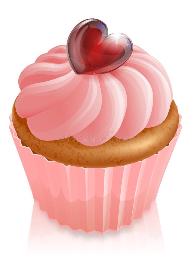 Pink fairy cake cupcake illustration with heart shaped decoration and pink icing. Pink fairy cake cupcake illustration with heart shaped decoration and pink icing