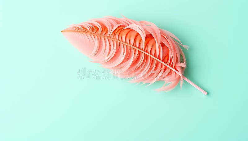 Pink Feather on Mint Background,. A single pink feather rests on a vibrant mint green background, creating a beautiful and simple composition. The soft texture of the feather and the clean background make this image perfect for a variety of design projects, including websites, social media posts, and print materials. It evokes a sense of elegance, nature, and tranquility. This image is ideal for creating a visually appealing and inspiring aesthetic. AI generated