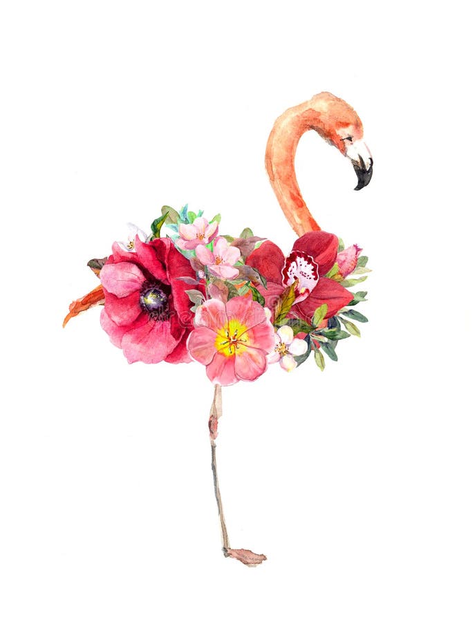 Pink flamingo bird with flowers. Watercolor illustration stock image