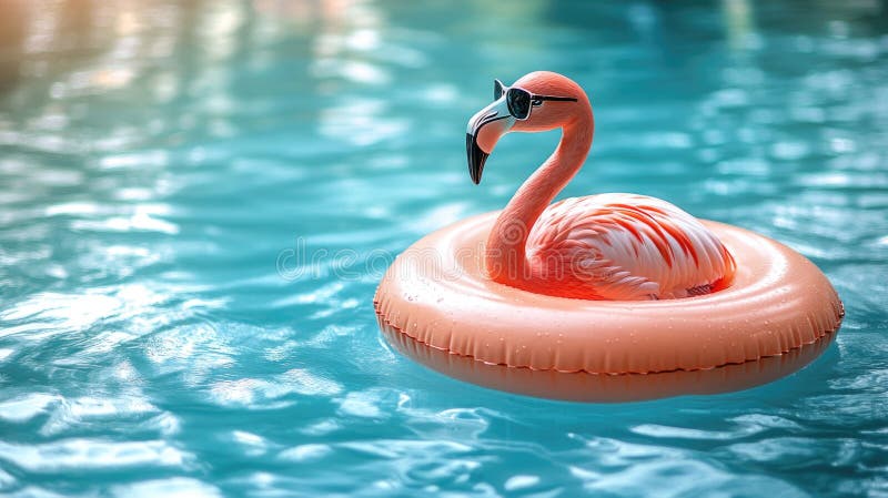 Pink flamingo float with sunglasses relaxing in a sparkling pool. AI generated