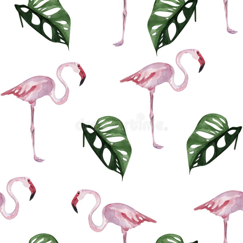 Pink flamingos and monstera tropical seamless watercolor pattern