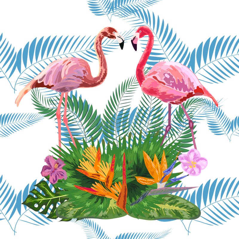 Pink flamingos, tropical flowers and jungle leaves, hibiscus, pink lotus. Beautiful seamless floral jungle pattern background stock illustration