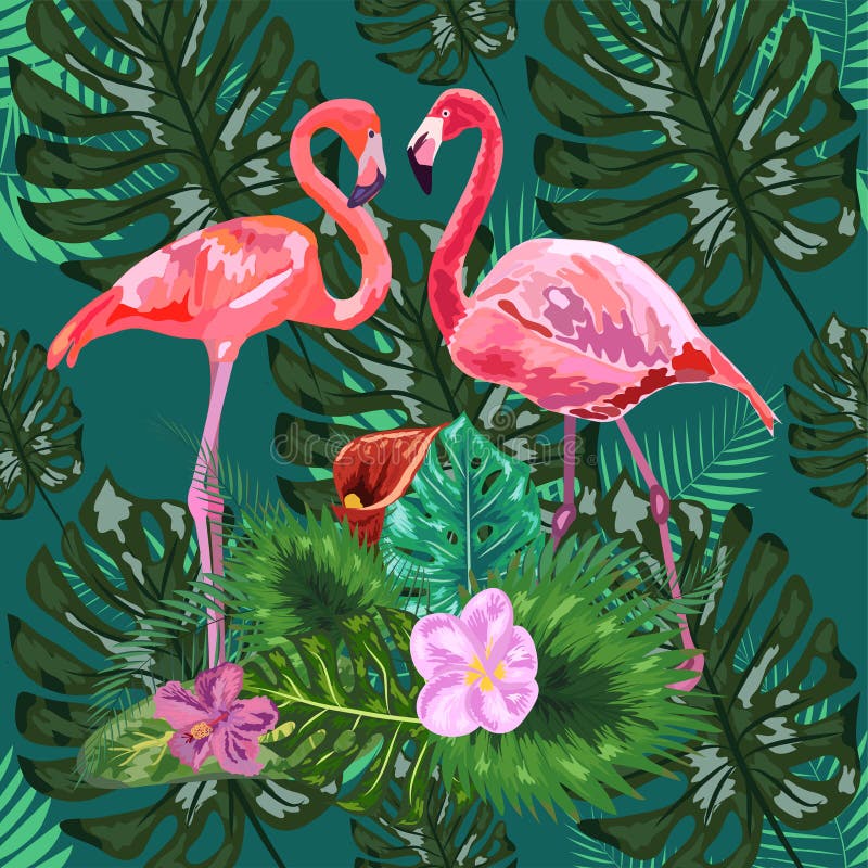 Pink flamingos, tropical flowers and jungle leaves, hibiscus, pink lotus. Beautiful seamless floral jungle pattern background vector illustration