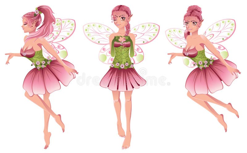 Cute cartoon fairy with pink hair in floral dress with wings. Cute cartoon fairy with pink hair in floral dress with wings.