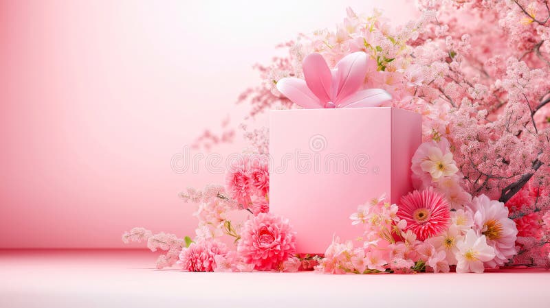 Pink Floral Gift Box con ciliegie e fiori di primavera in Pastel Setting illustrazione di stock