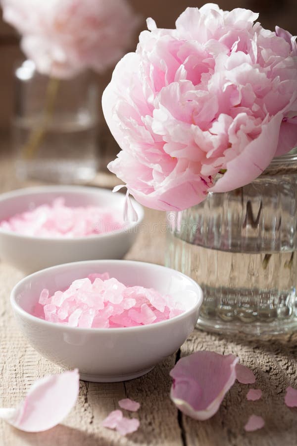 pink flower salt peony essential oil for spa and aromatherapy Stock Photo  by duskbabe