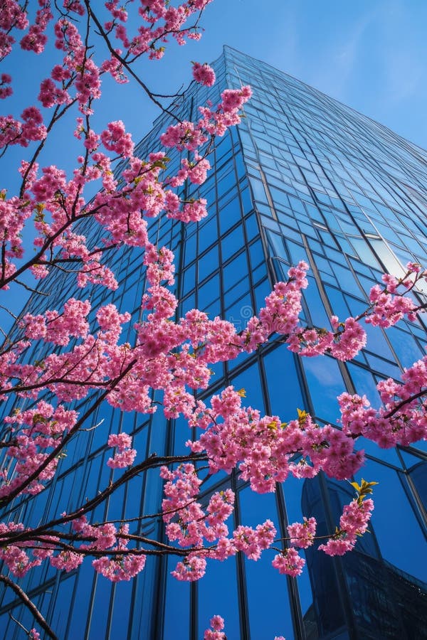 Pink Flowers Outside Tall Building royalty free stock image