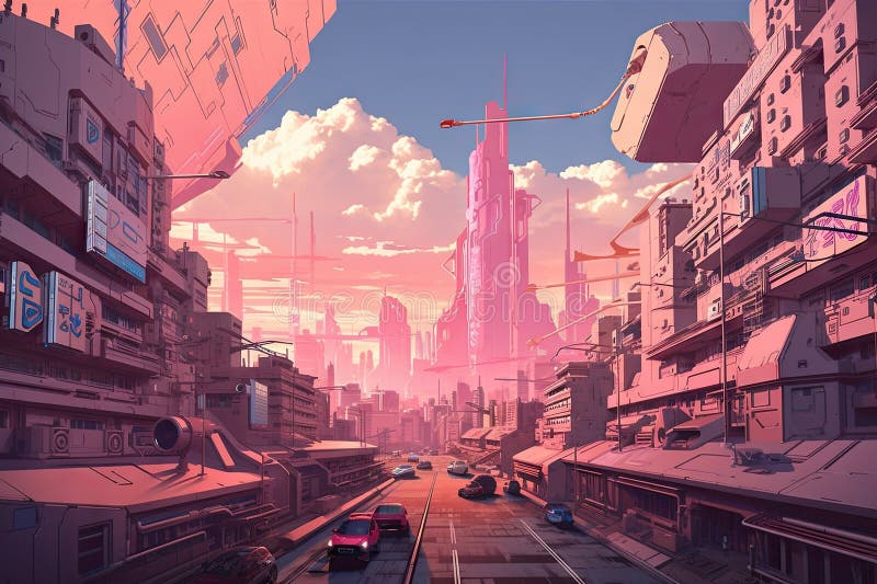 Pink Futuristic Cityscape, with Towering Skyscrapers and Bustling ...