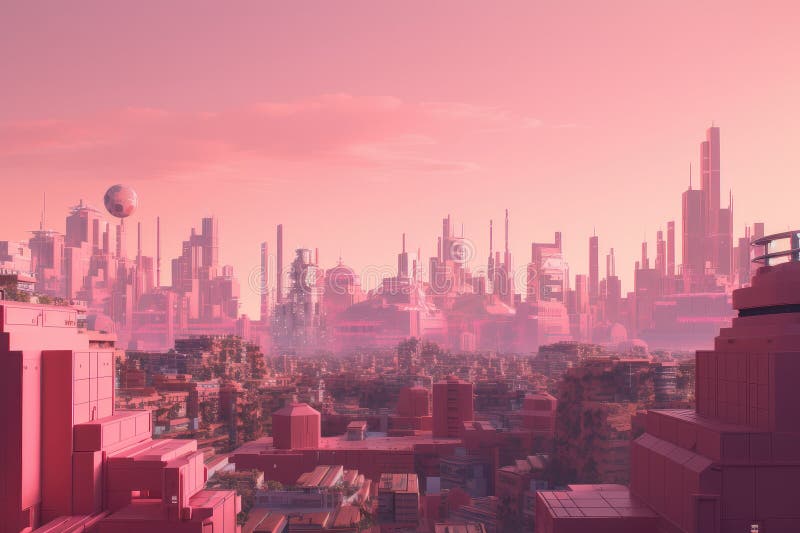 Pink Futuristic Cityscape, with Towering Skyscrapers and Bustling ...