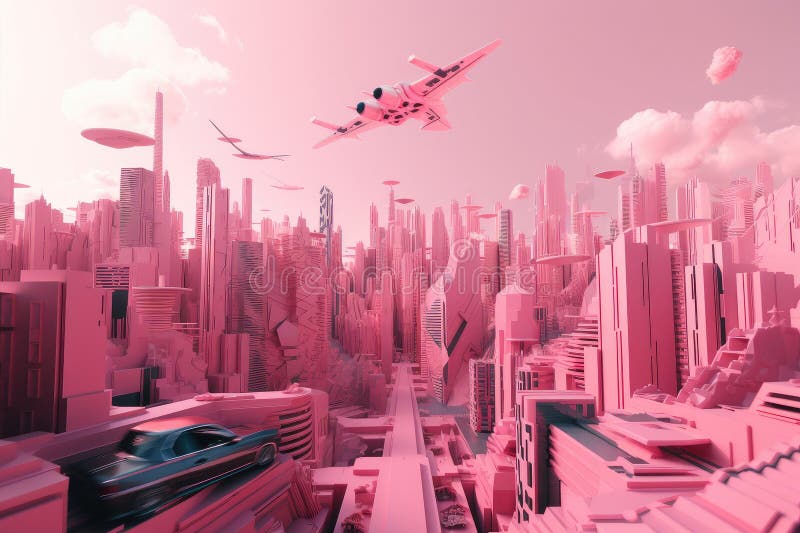 Pink Futuristic Cityscape, with Towering Skyscrapers and Flying Cars ...