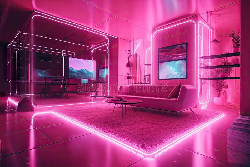 Pink Futuristic Room, with Holographic Projections and Technological ...