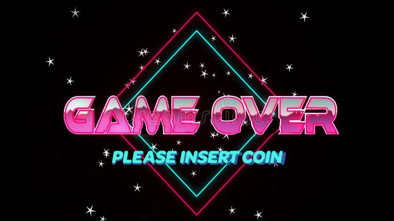 Pink GAME OVER text rotating center, blue prompt changing, diamond animating while stars flickering stock video