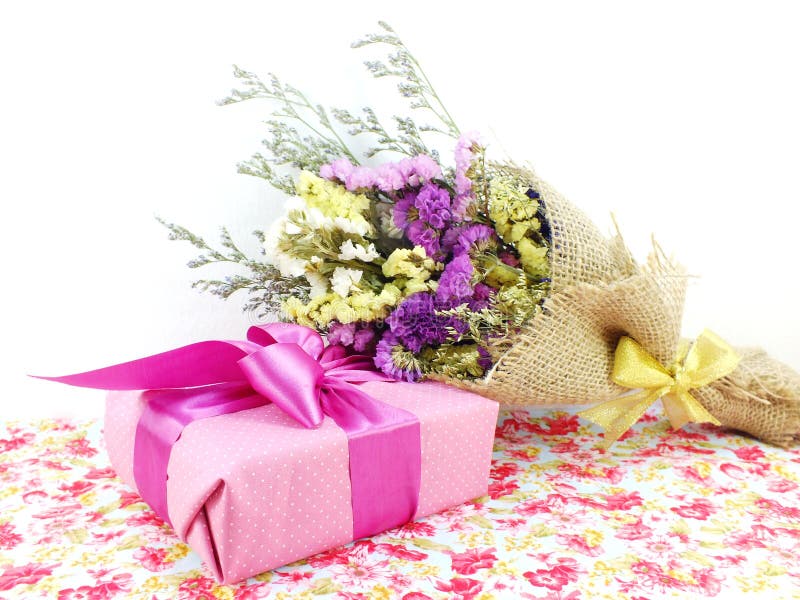 Gift Box Ribbon Flower Bouquet Printed Fabric Background Stock Photos