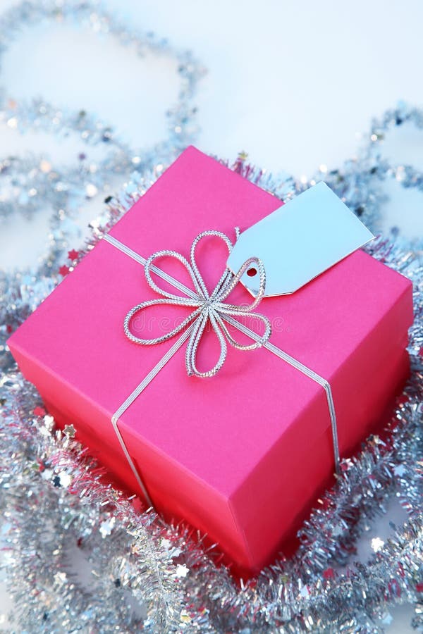 Pink Gift Box with a Silver Ribbon and Tag Stock Image Image of