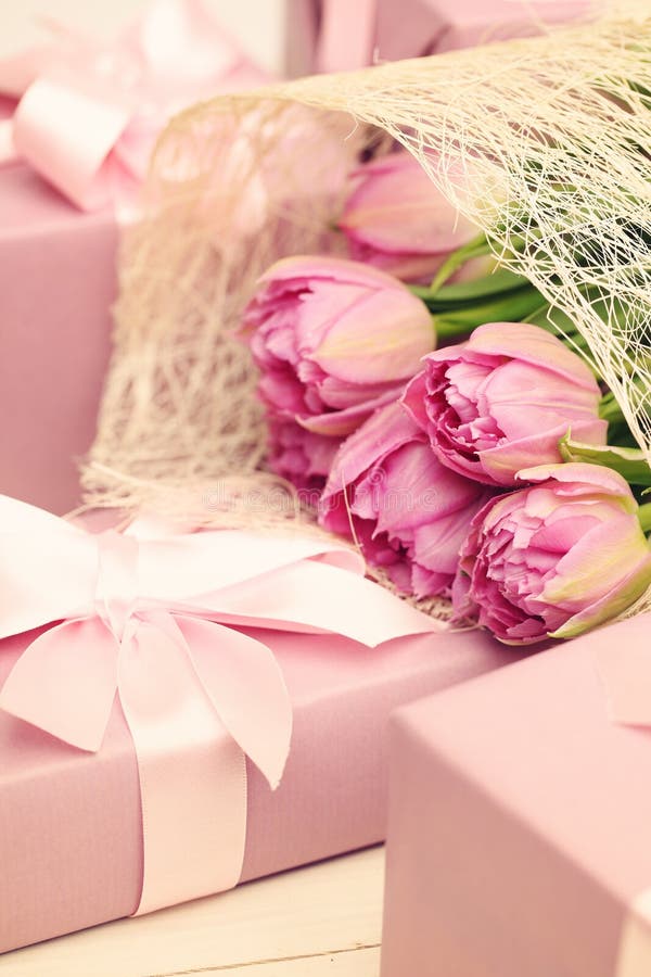 Pink Gift Box and Tulip Flowers Stock Photo Image of natural, femininity 76961594