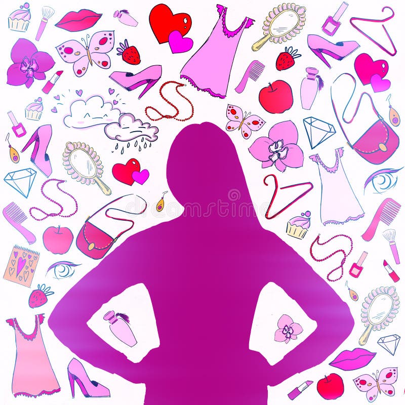 hand drawn seamless graphic pink pattern of girl stuff woman