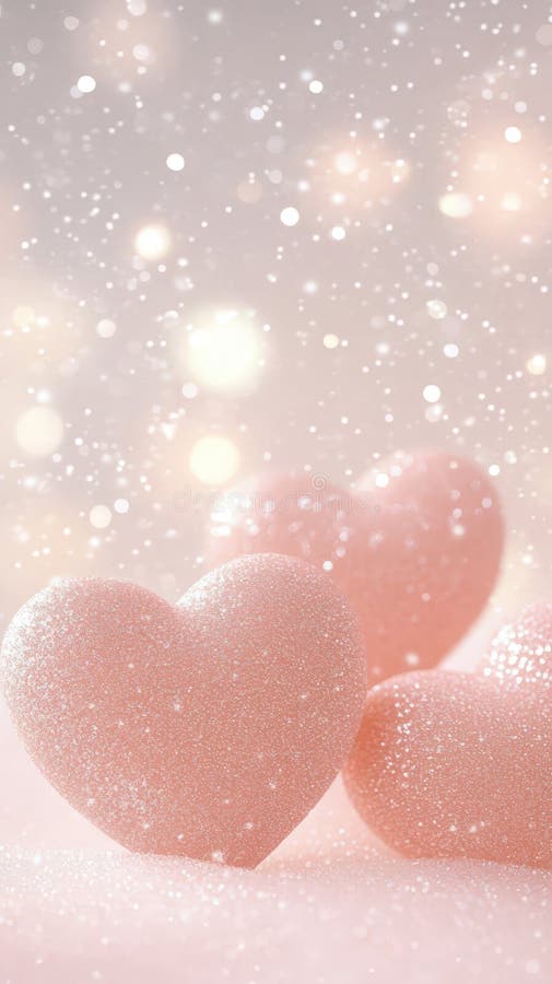 Pink glitter 3d hearts floating on a sparkling, romantic background, creating a dreamy and lovely atmosphere valentine stock illustration