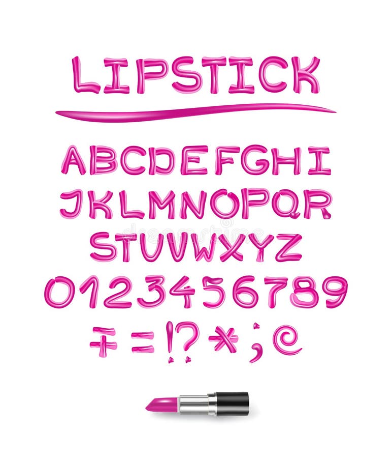 Pink glitter lipstick alphabet and numbers isolated