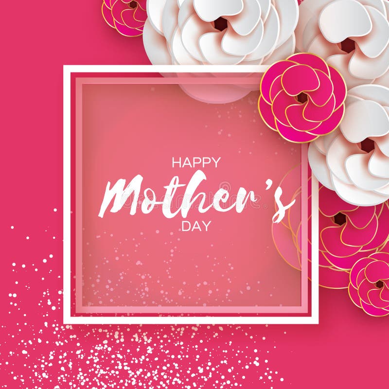 Pink Gold Happy Mothers Day Greeting card. Women`s Day. Paper cut flower. Origami Beautiful bouquet. Square frame. text. stock illustration Pink Gold Happy Mothers Day Greeting card. Women`s Day. Paper cut flower. Origami Beautiful bouquet. Square frame. text. stock illustration