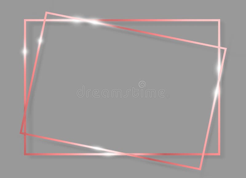 Pink Gold shiny glowing vintage frame with shadows isolated on grey background. Rose Golden luxury realistic double rectangle